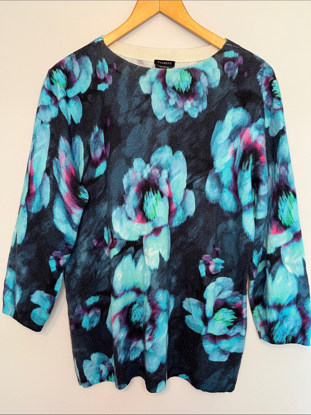 Talbots Pure Cashmere Sweater with Blue, Teal & Pink Floral Print-XL